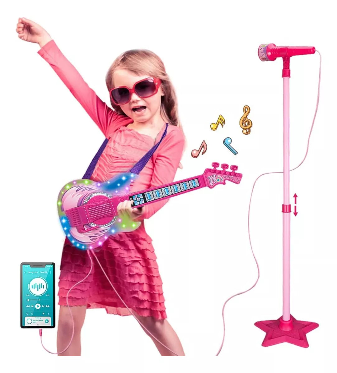 Kit Musical Guitarra Infantil + Microfono De Pie C/ Luces