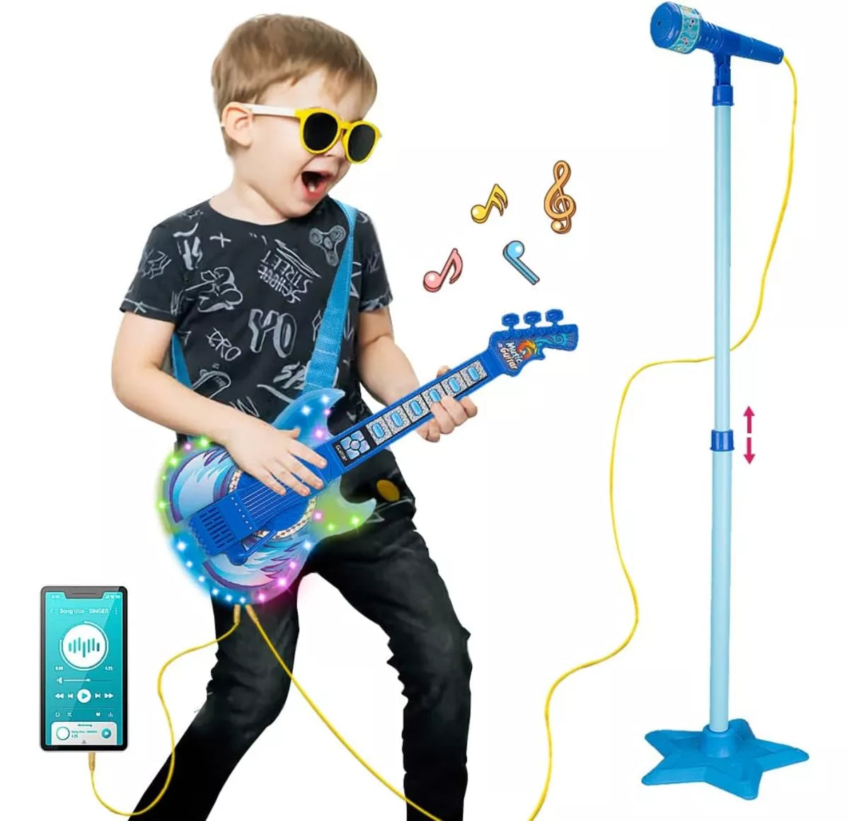 Kit Musical Guitarra Infantil + Microfono De Pie C/ Luces